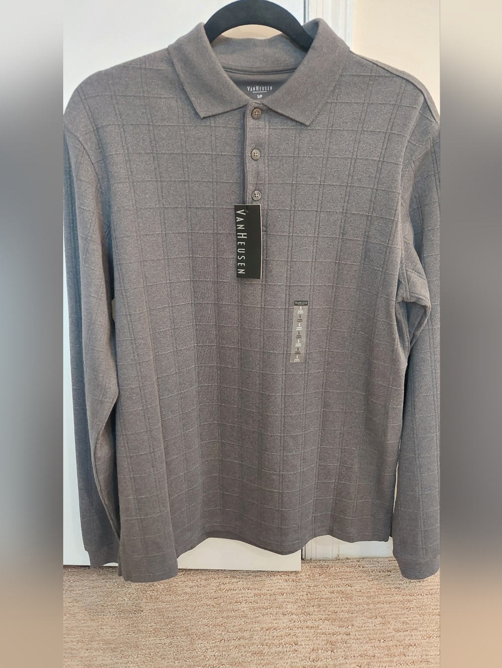 Van Heusen Men's Long-Sleeve Polo in Charcoal Grid